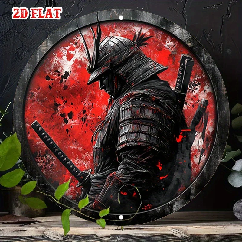 2D Flat Vintage Aluminum Round Samurai Warrior Wall Sign, Red Black Japanese Armor Sword Design for Home Cafe Decor