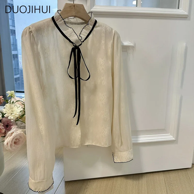 Duojihui เสื้อลูกไม้ลำลองสำหรับผู้หญิง, เสื้อลูกไม้สง่างามสีทึบแฟชั่นแขนยาวสีพื้นสีแอปริคอทเสื้อผู้หญิง