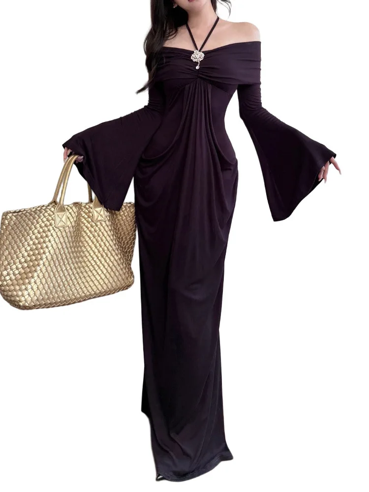 Vestido de noche francés elegante con cuello Halter para mujer, vestido de noche morado con hombros descubiertos y cuello oblicuo, manga acampanada, ceñido al cuerpo, para fiesta y graduación