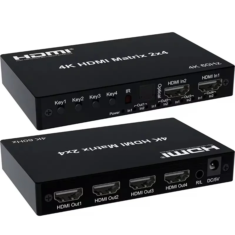 4K 60Hz HDMI Matrix Switcher 4x2 2x4 2x2 Matrix HDMI Video Switch Splitter 2 in 4 out with Optical & R/L Audio Out for PC Loptop