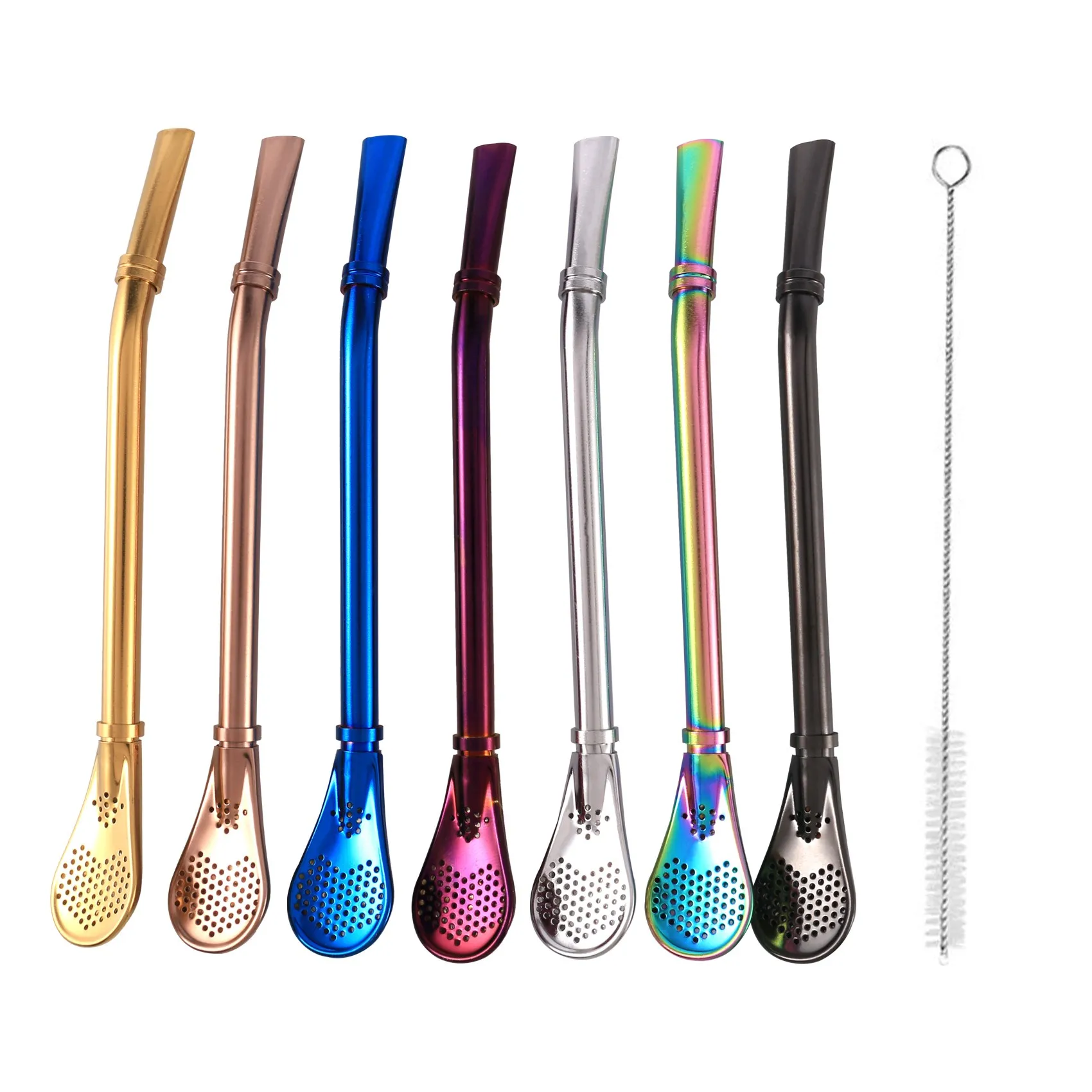 

7 шт. многоразовые стальные трубочки для питья с фильтрующей ложкой для Yerba Mate Bombilla, набор ложек для перемешивания с чистящей щеткой-BEAU