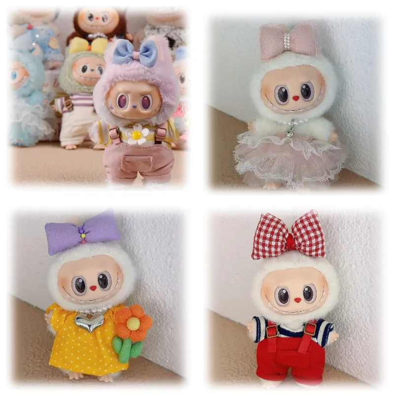 Conjunto de monos juguetones para muñeca Labubu de 15/17cm con bonita pinza para el pelo, ropa Labubu, accesorio para muñeca Kawaii