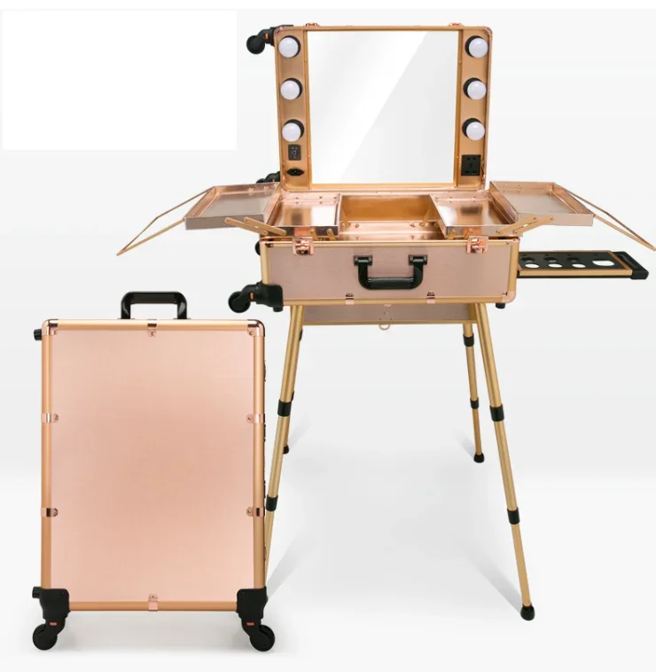 NEW Professional Rolling Cosmetic Case, Beauty Makeup Trolley Suitcase, LED Light Mirror Box, Pink Luggage, Aluminum Table, 24