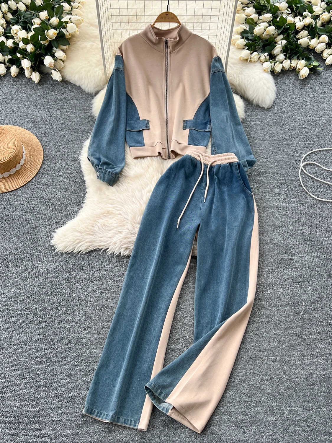 Costume décontracté à la mode, épissage contrasté, col montant, fermeture éclair, taille haute, pantalon en Denim à jambes larges, ensembles 2 pièces, tenues pour femmes
