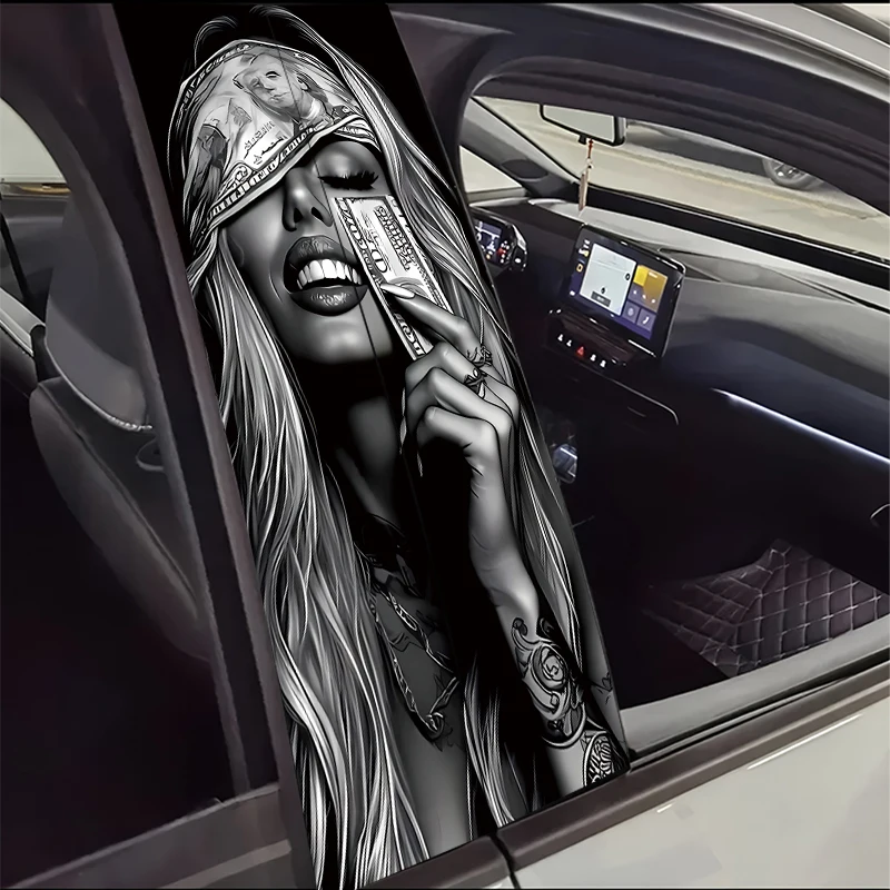2 pieces of car B-pillar stickers Dollar-Blindfolded Woman Vinyl protective film view 5
