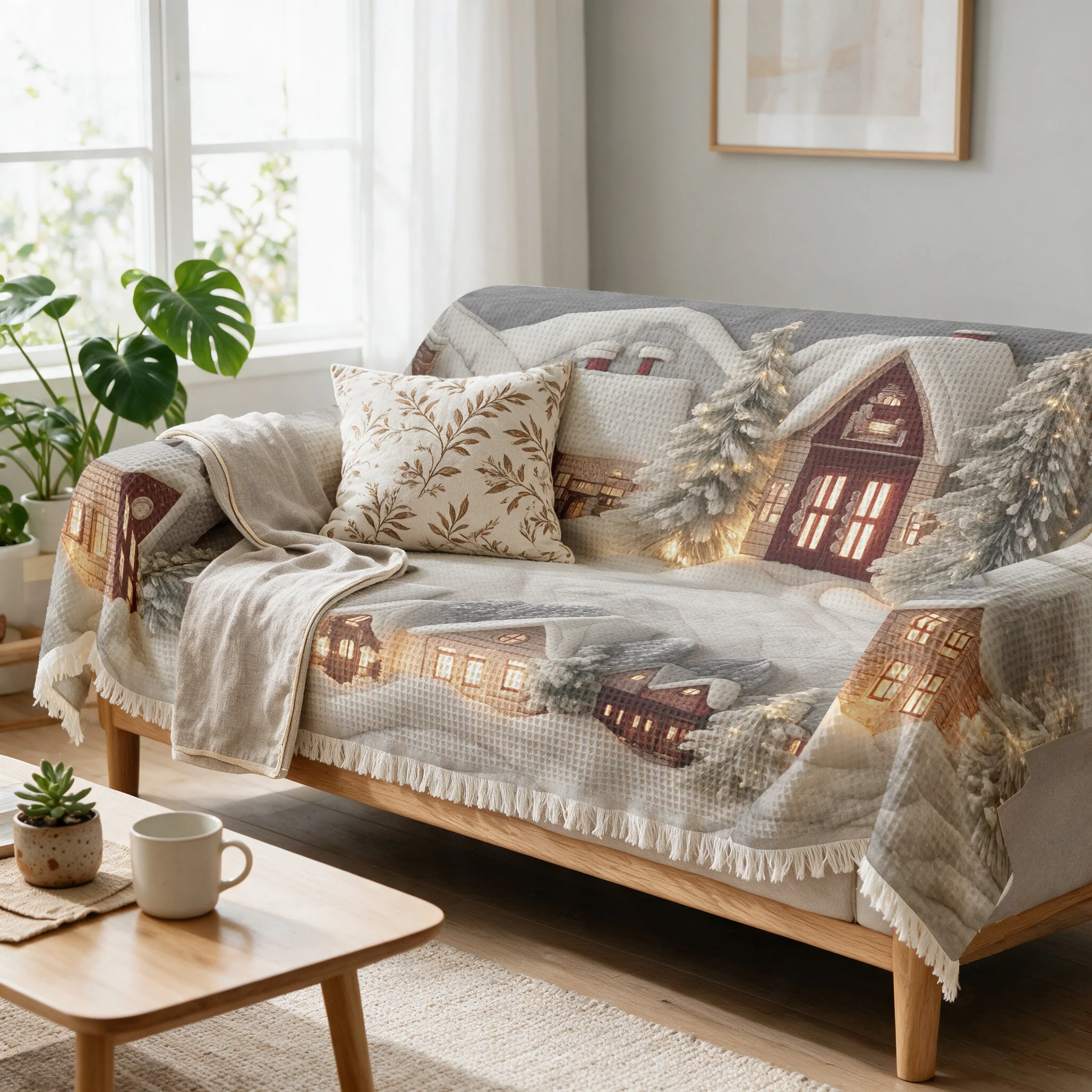 Cozy Rustic Christmas Cabin Sofa Throw Blanket Decorative Winter Village Holiday Couch Cover for Living Room Home Decor