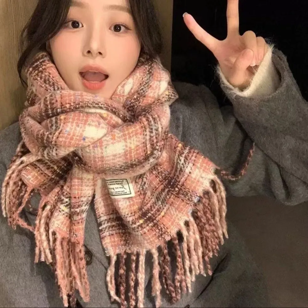 

New Windproof Winter Plaid Scarf Keep Warm Thick Long Tassel Scarves Coldproof Cashmere Shawl Women