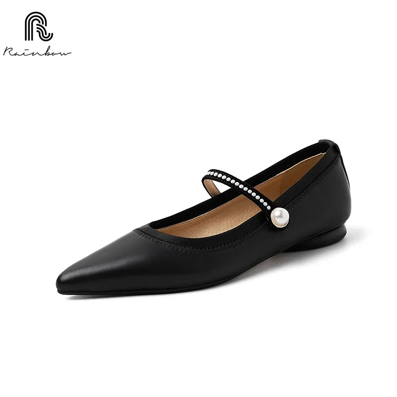 

RAINBOW Women Handmade Brand Genuine Leather Pointed Toe Thin Heel Shoes for Stiletto Heels Buckle 34-42 Mary Jane Flats Soft