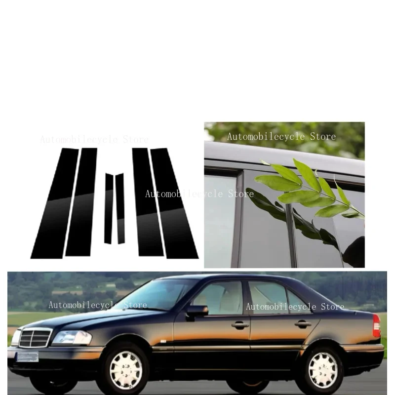 6PCS Fit For Mercedes-Benz C Class W202 1994-2000 Gloss Black Pillar Posts Door Window Moulding Trim Cover Sticker