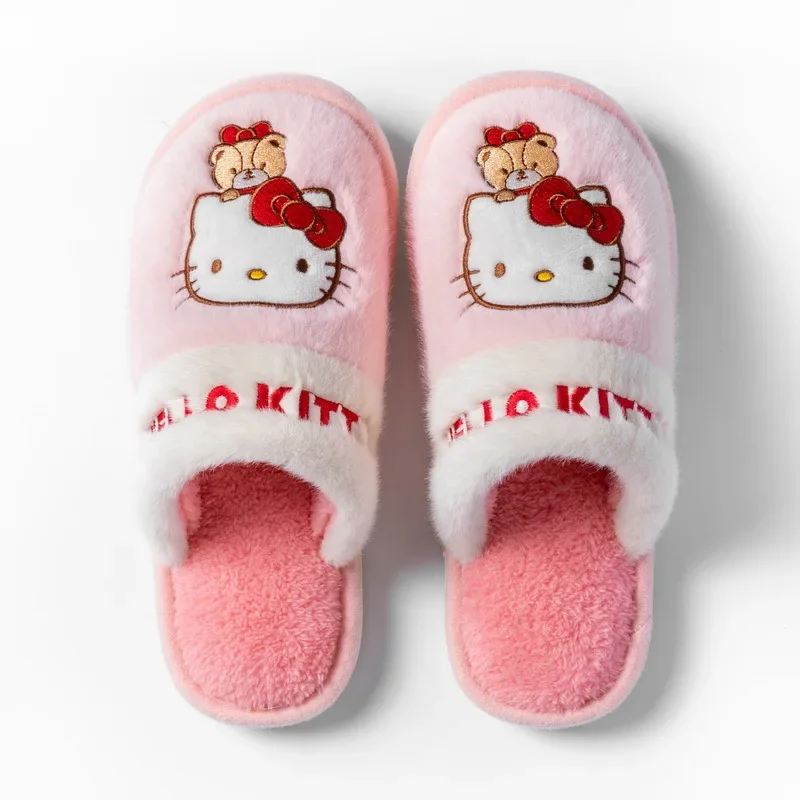 Sanrio-Zapatillas de felpa de Hello Kitty para niña, zapatos planos informales antideslizantes para el hogar, regalos, genuinos, cálidos, Invierno