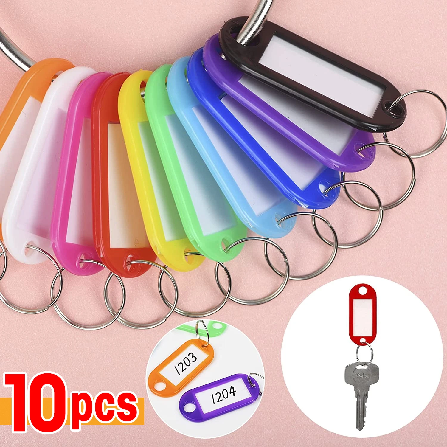 10pcs Multicolor Plastic Key Tags ID Labels Baggage Luggage Name Token Hotel Number Classification Card Split Ring Keychain