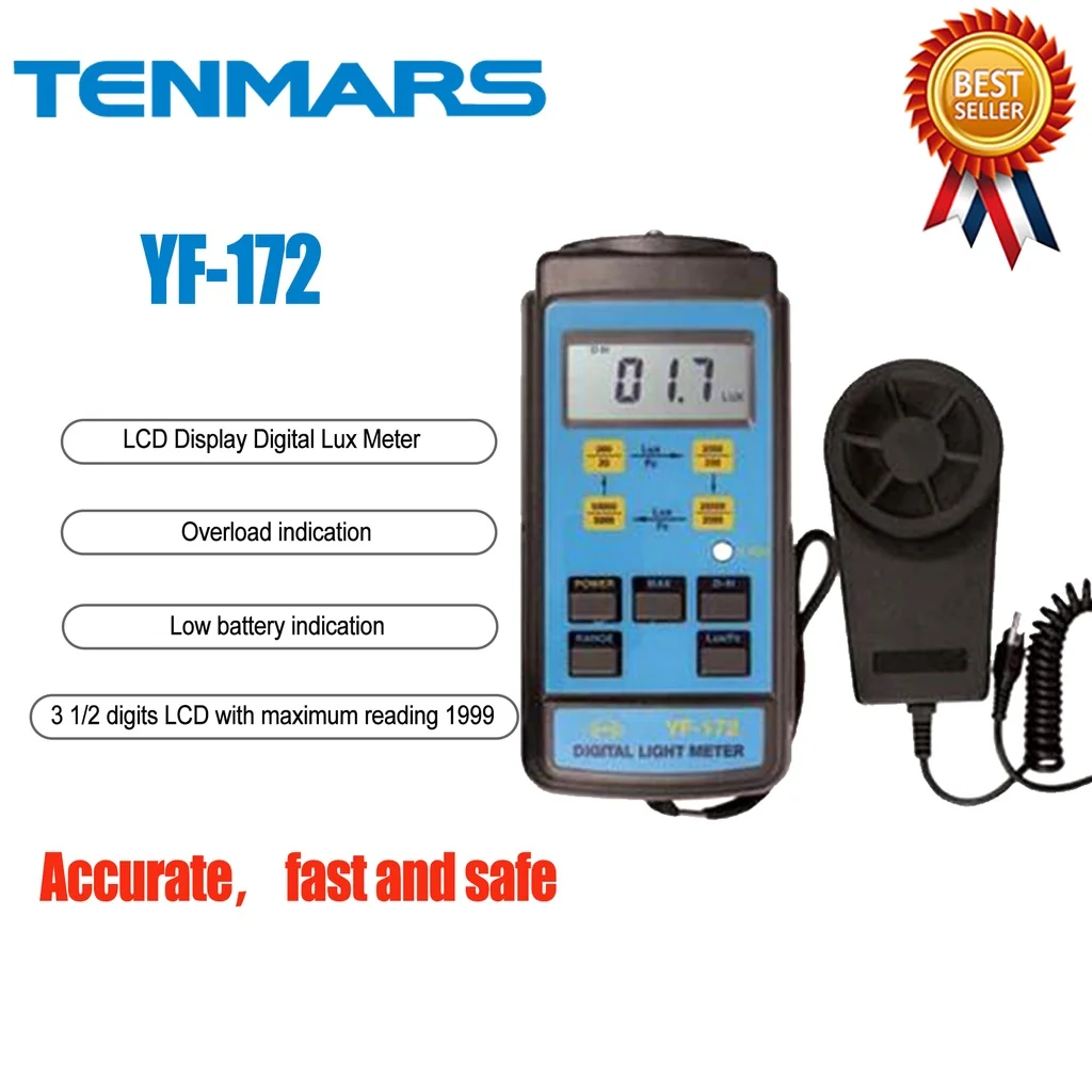 TENMARS  YF-172 LCD Display Digital Lux Meter Illuminometer Light Meter,3 1/2 Digits LCD with Maximum Reading 1999.