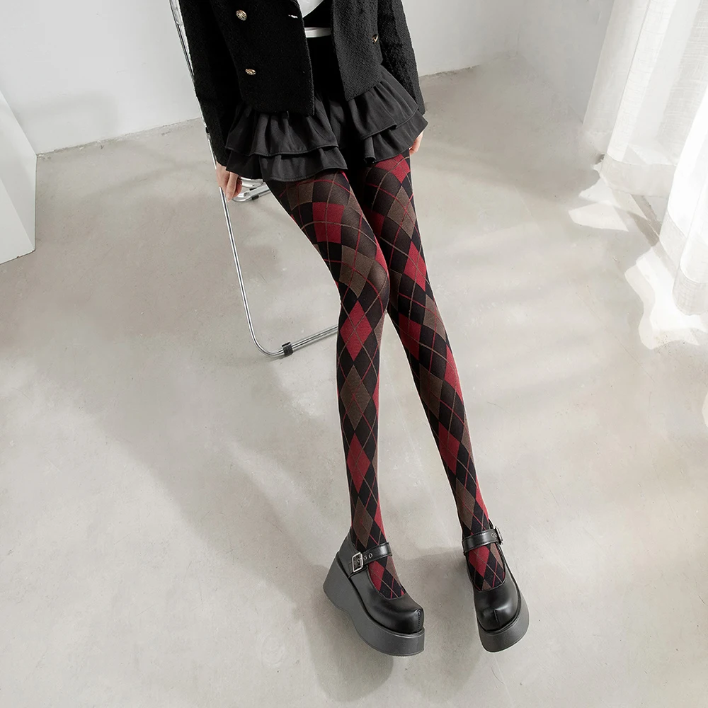 Damen-Argyle-Karo-Netzstrumpfhose mit hoher Taille, Preppy-Strümpfe, Lingerie, schlanke Retro-Karo-Strümpfe, Strumpfwaren
