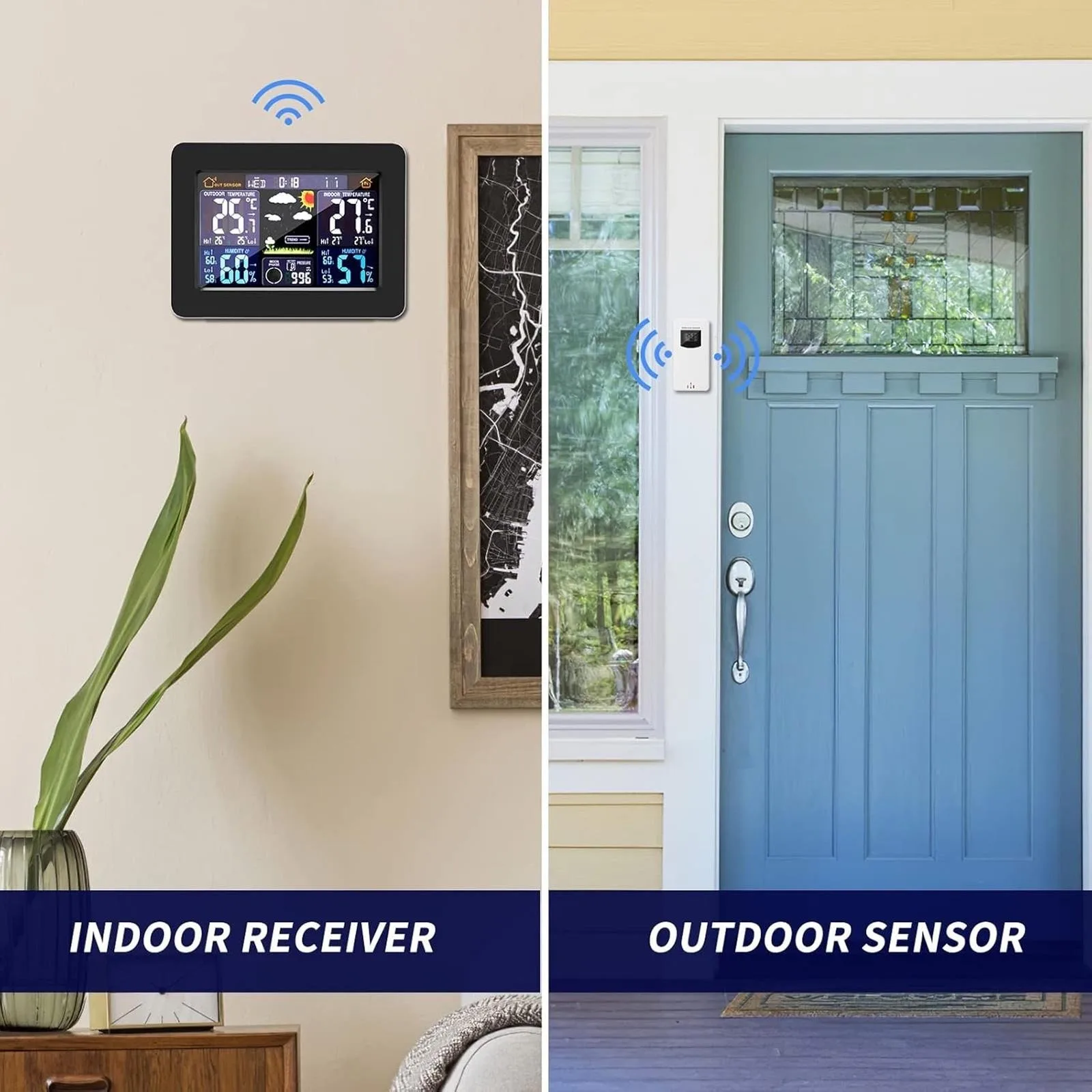 Stasiun Cuaca Nirkabel Jam Ramalan Cuaca Warna Digital dengan Sensor Luar Ruangan Termometer Dalam Ruangan Luar Ruangan