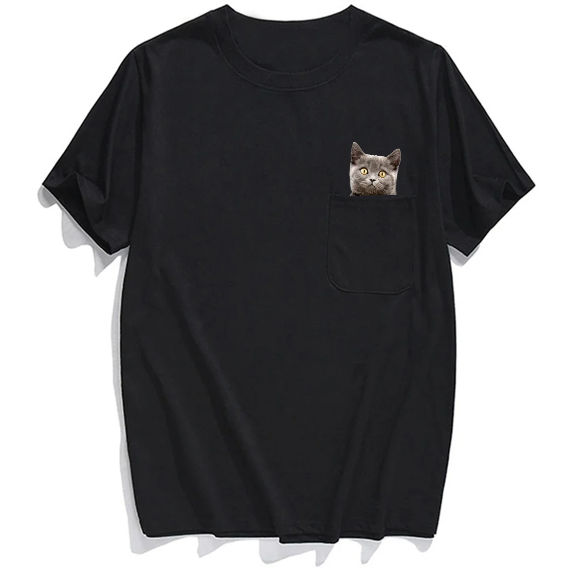 Cloocl-男性と女性のためのファッショナブルなブランドのTシャツ,夏のポケット付きの猫のプリントTシャツ,楽しい綿のTシャツ,猫のステッカー,ヒップホップトップス