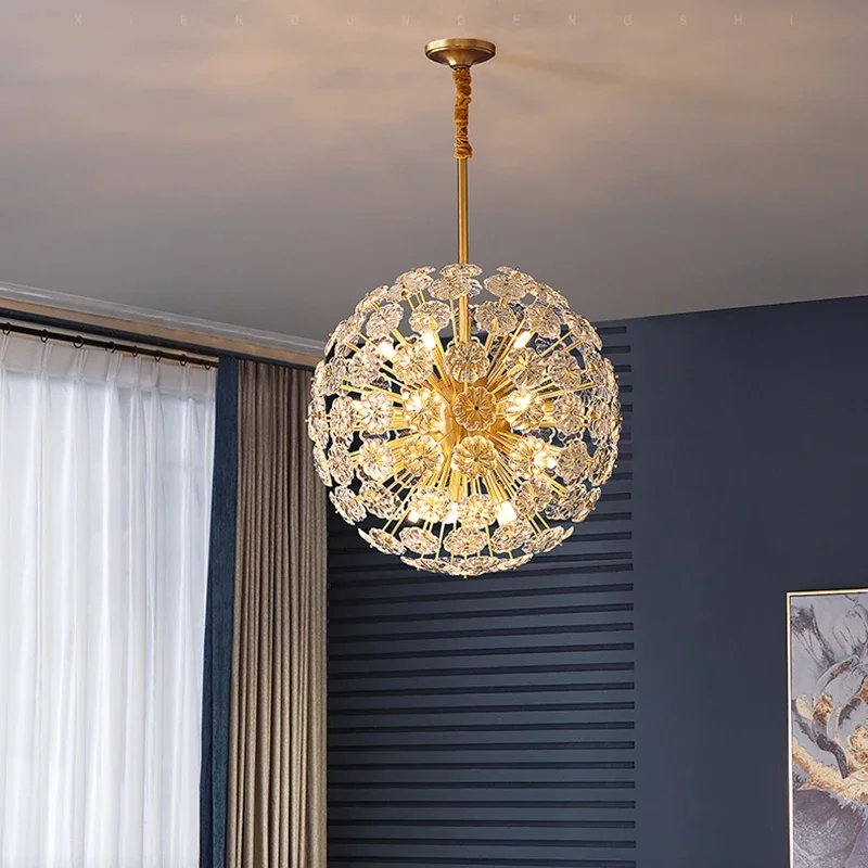 

2024 New Copper Dandelion Crystal Chandeliers Living Room Restaurant Round Ball LED Pendant Lamp for Bedroom Decoration Lighting