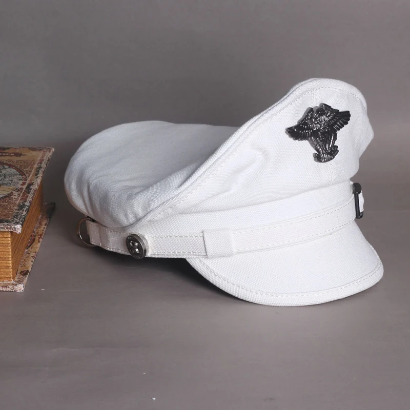 Retro Navy Peaked Sailor Cap Men Women Summer Beret Hat Male Canvas Grey Eagle Belt Locomotive German Captain Casquette