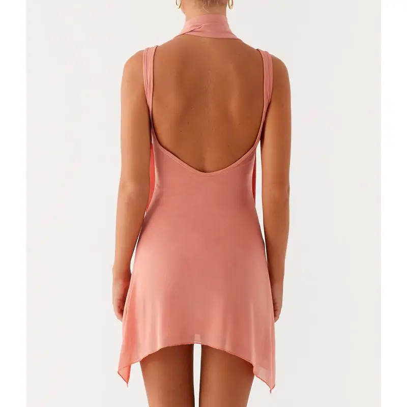 Combhasaki feminino verão elegante pescoço quadrado cor sólida sem costas malha plissado em camadas curto mini vestido regata linha a com cachecol