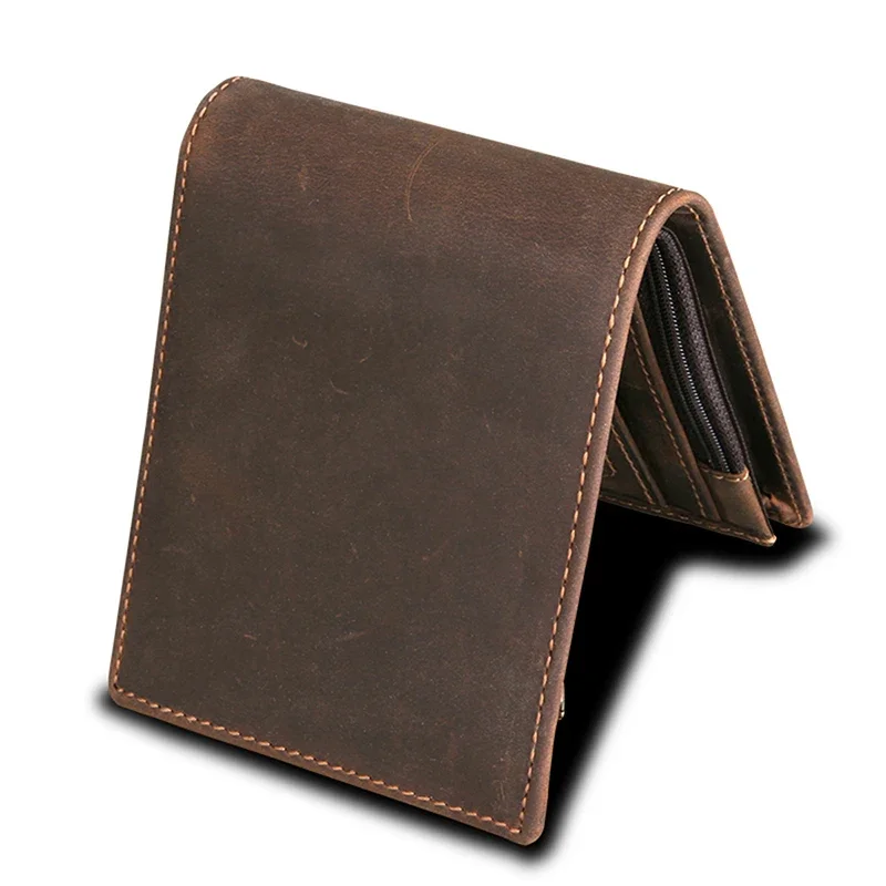 Hot Selling New Black Brown Anti-theft Brush RFID Men's Wallet Leather Wallets Crazy Horse Skin Short Casual Bag Purse Package