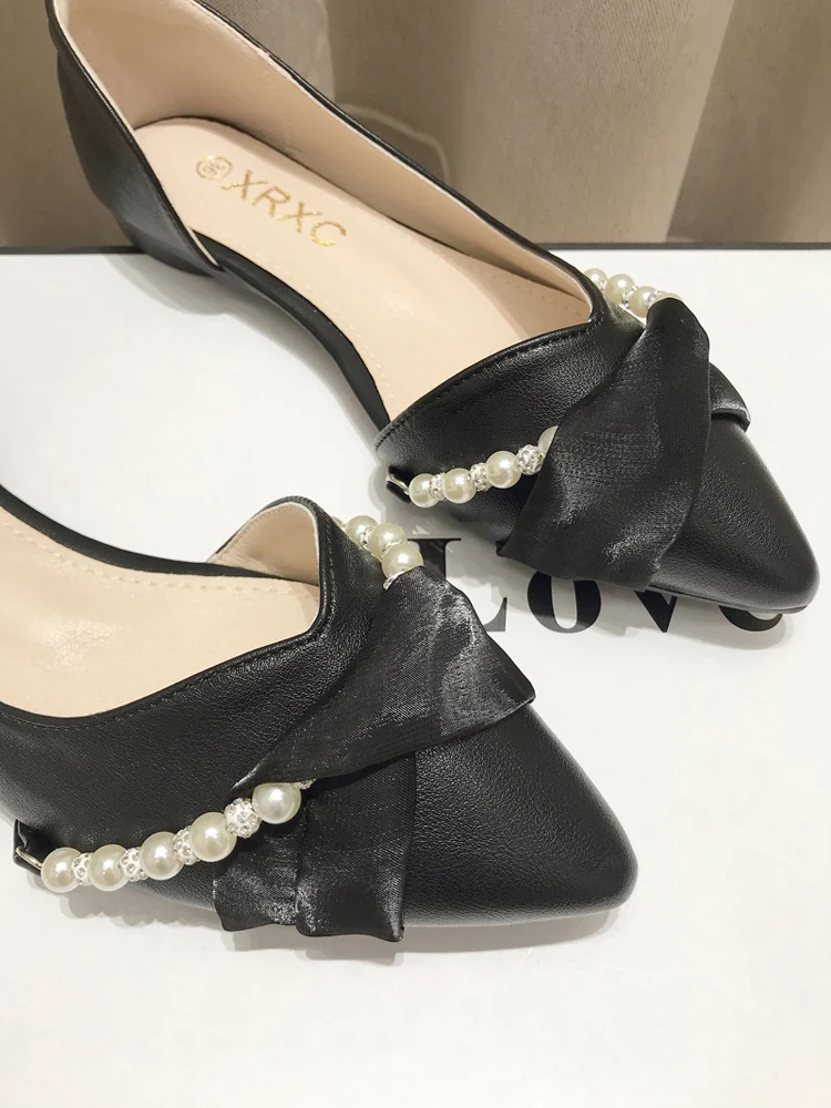 Women Flats 2023 Summer New Pearl String Bead Solid Color Leather Shoes Flat Heel Slip on Elegant Stylish Girls Princess Shoes