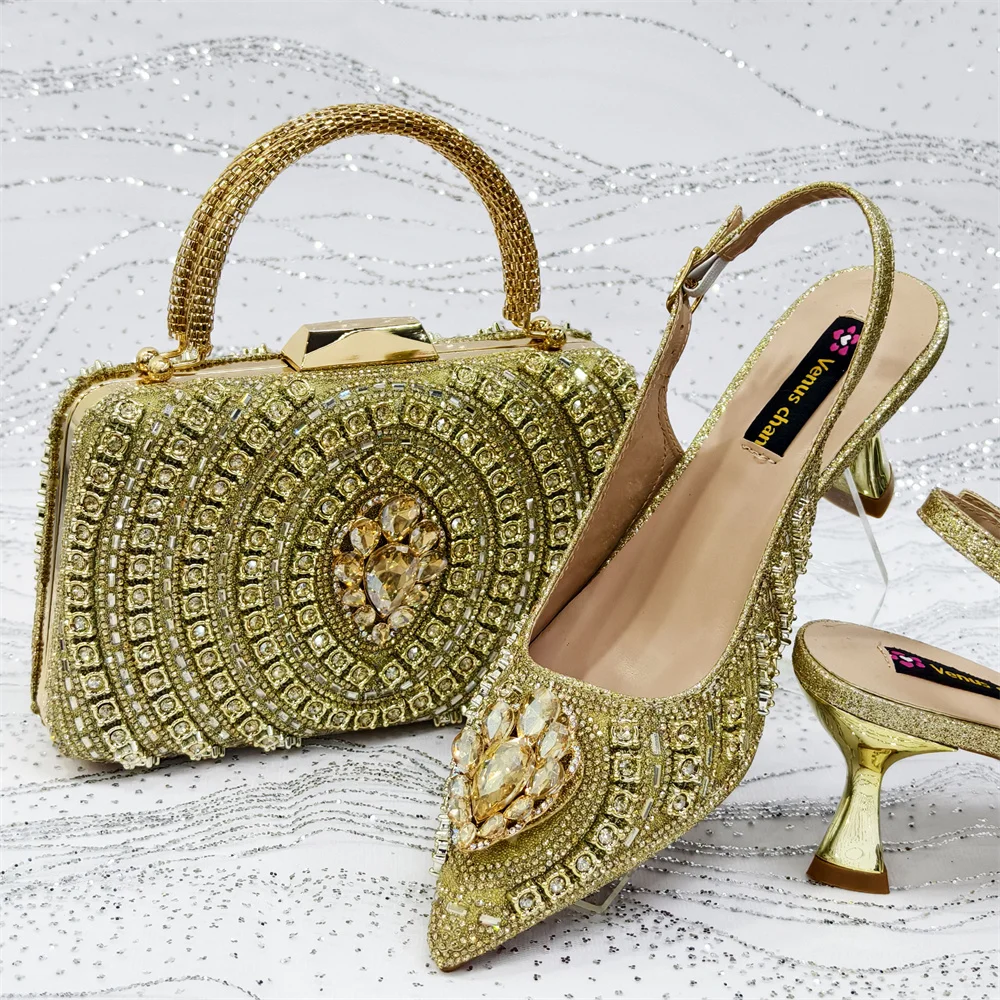 Nigerian Party Shoes Only shoes OR with bag set in Gold High Heel, Elegant Matching for Weddings & Special Occa