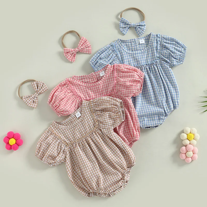 

0-2Y Infant Girl Cotton Plaid Puff Sleeve Romper and Bow Headband Sets Summer Newborn Baby Fashion Checkered Bodysuit Outfit
