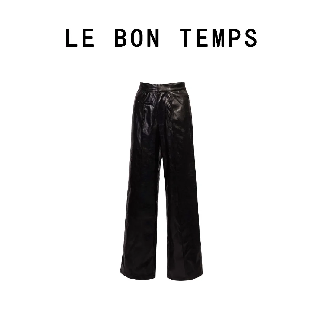 

High Waist Casual Long Pants LE BON TEMPS Design Wrap around Hip Sle Straight Leg Pants Button Closure PVC Material Ladies