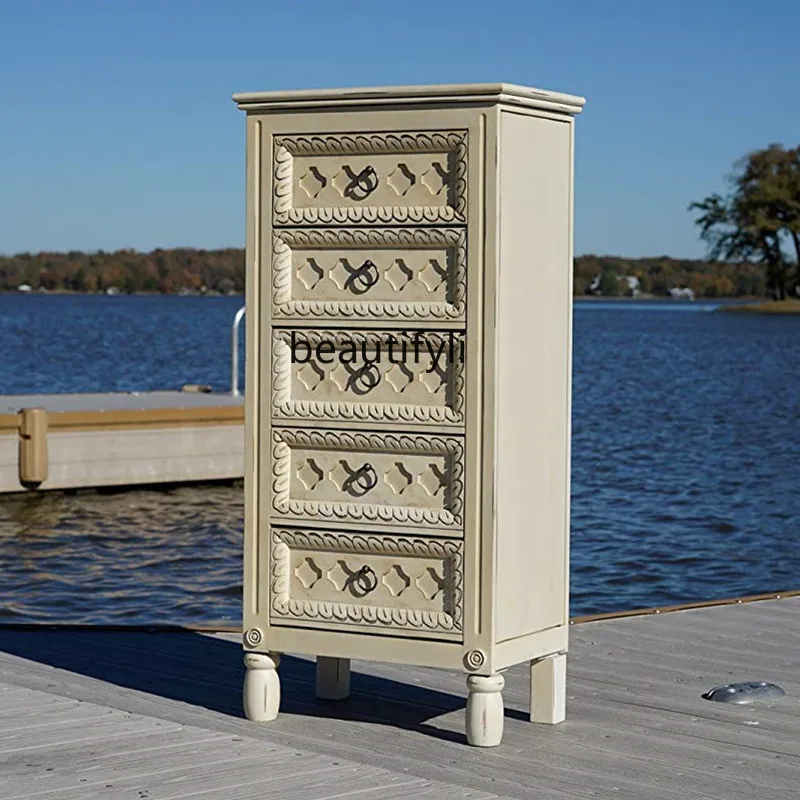 Retro Creamy-white Jewelry Cabinet Jewelry Storage Cabinet Floor Carved European Style Chest of Drawers with Mirror