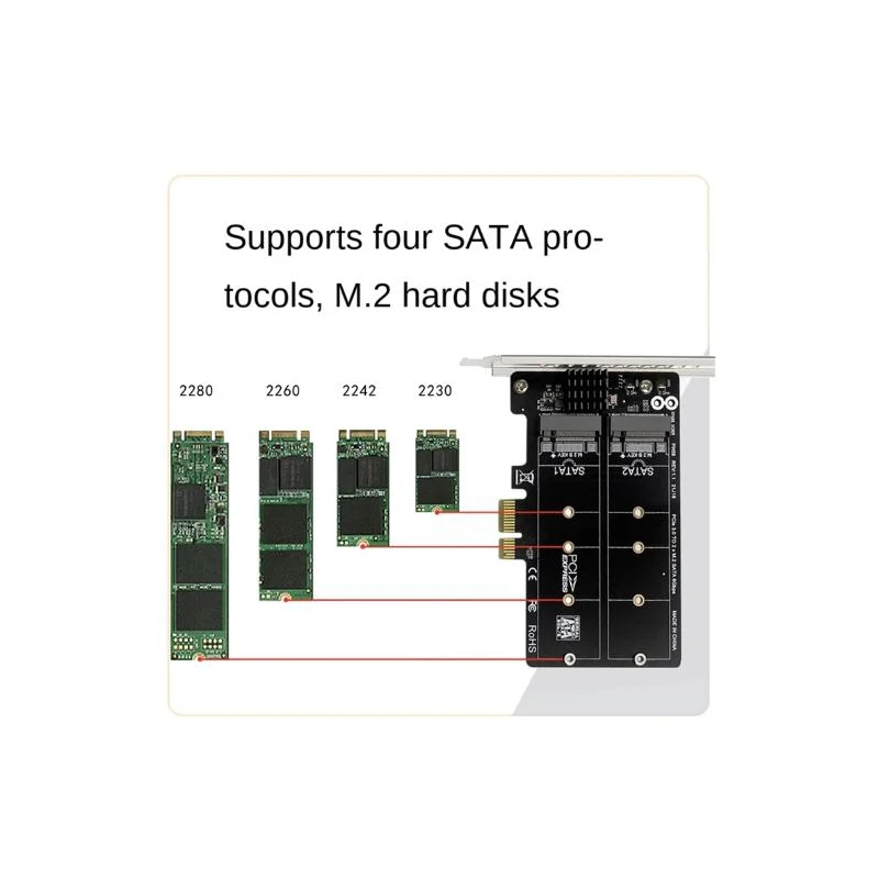 PH58 2 x M2 SATA to PCIE Adapter Card Dual Disk Graphics Card RAID Splitter Expansion Card PCIe X1 to NGFF M2 SATA SSD