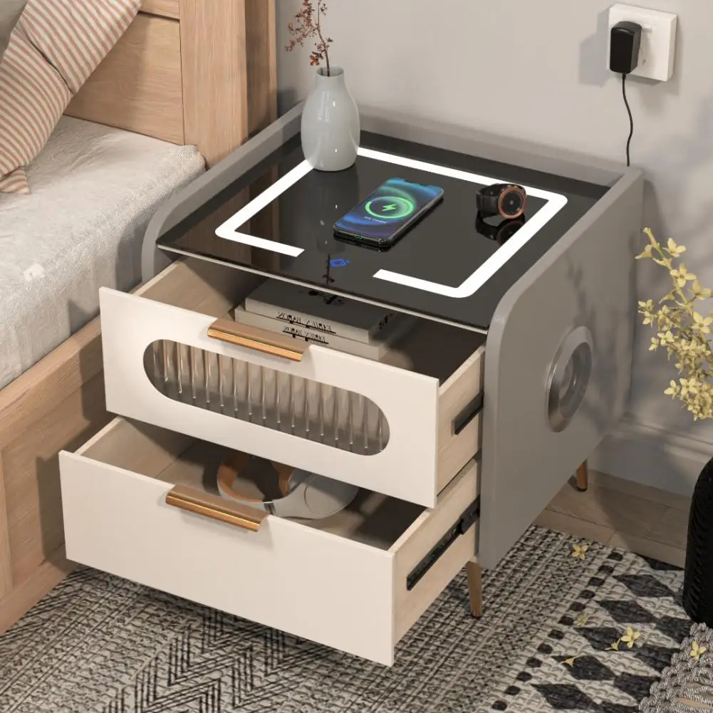 Two Drawer Smart Bedroom Nightstand with Wireless Charging 3 Color LED Lights and Bluetooth Audio Features