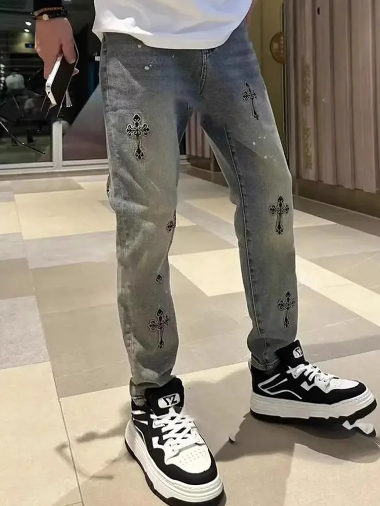 

Retro Straight Leg Men's Jeans Spring Summer Autumn Heavy Embroidery Faionable Slim Fit Long Pants Cotton Polyester Blend