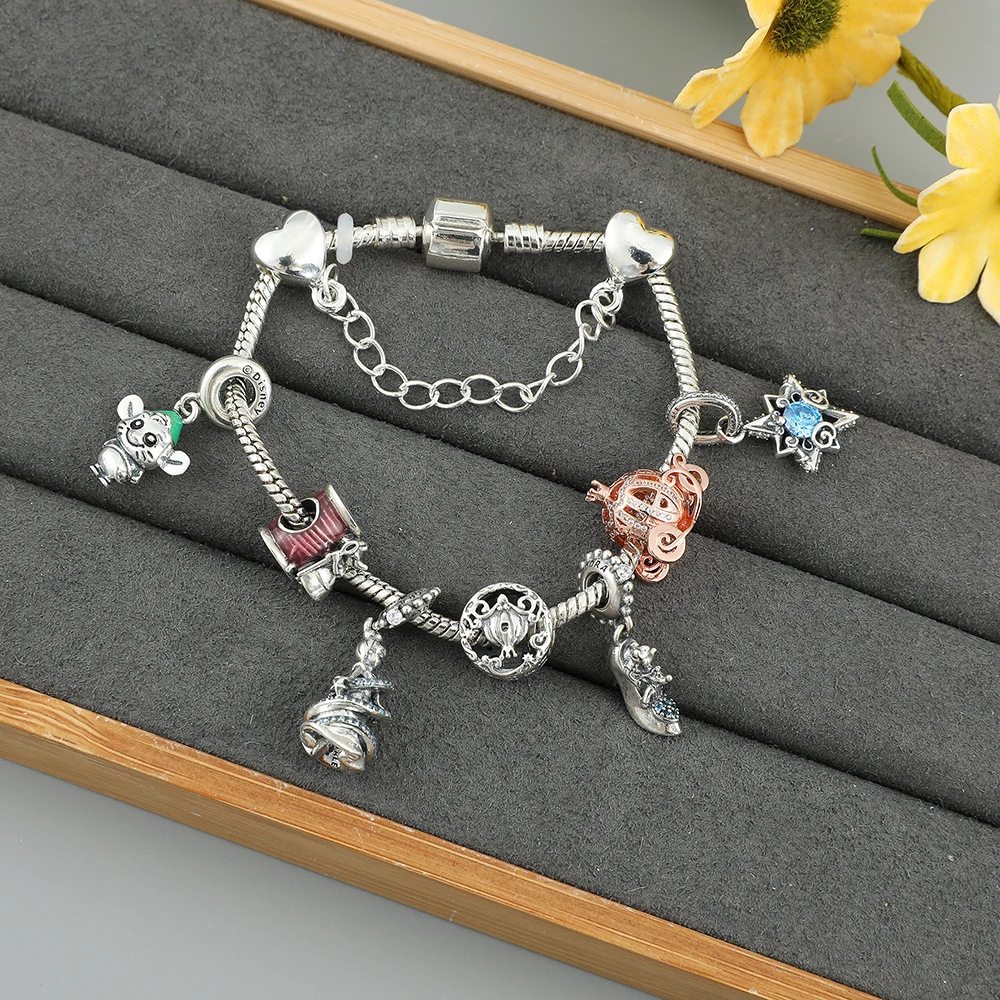 Disney Princess Cinderella Charms Bracelet Jewelry Crystal Luxury Silver Plated Bangles Diy Hand Chains Accessories for Women