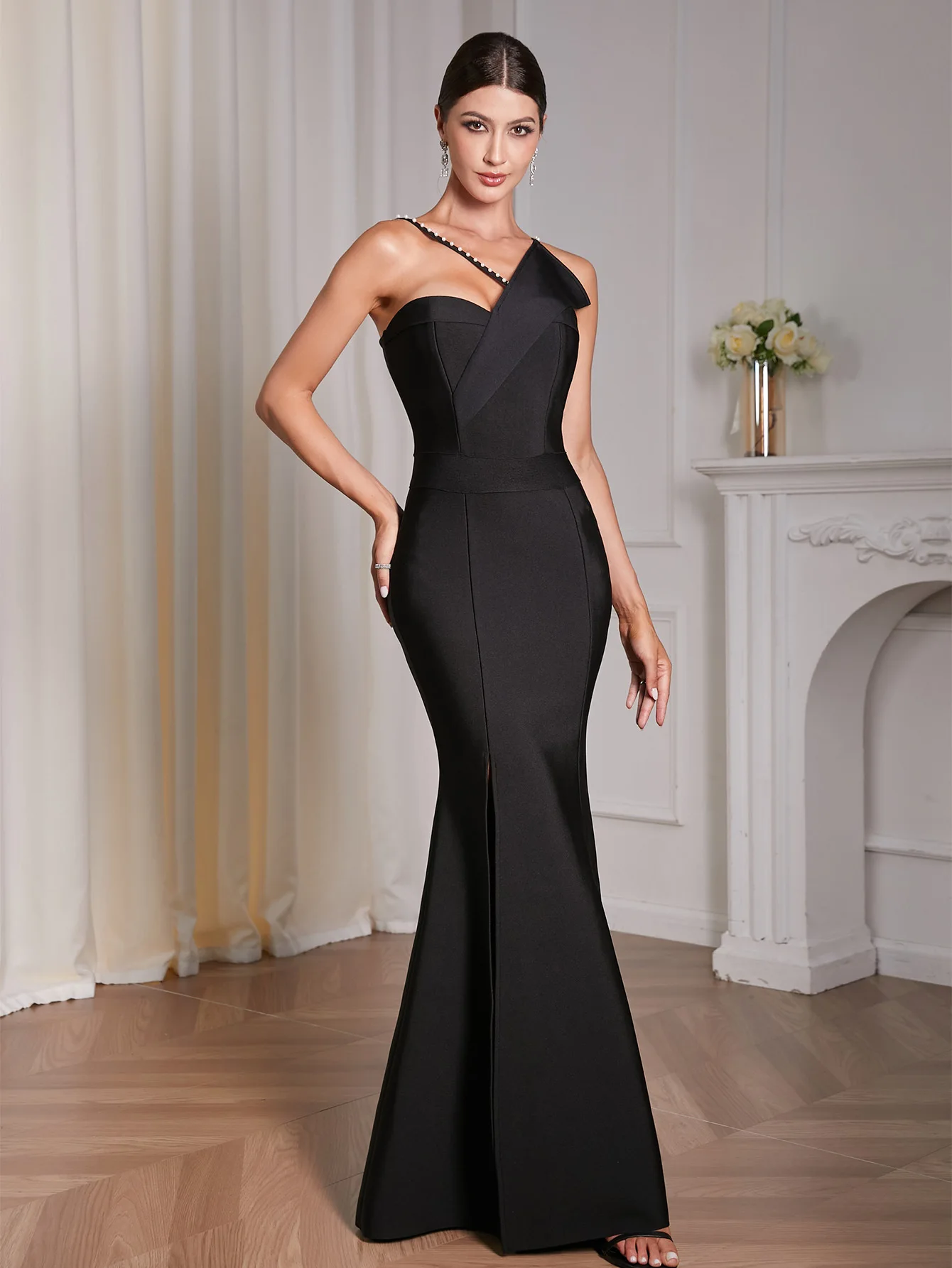 2025 mujeres celebridad Sexy un hombro rebordear Split negro Midi ceñido al cuerpo vestido elegante vestido de fiesta de noche