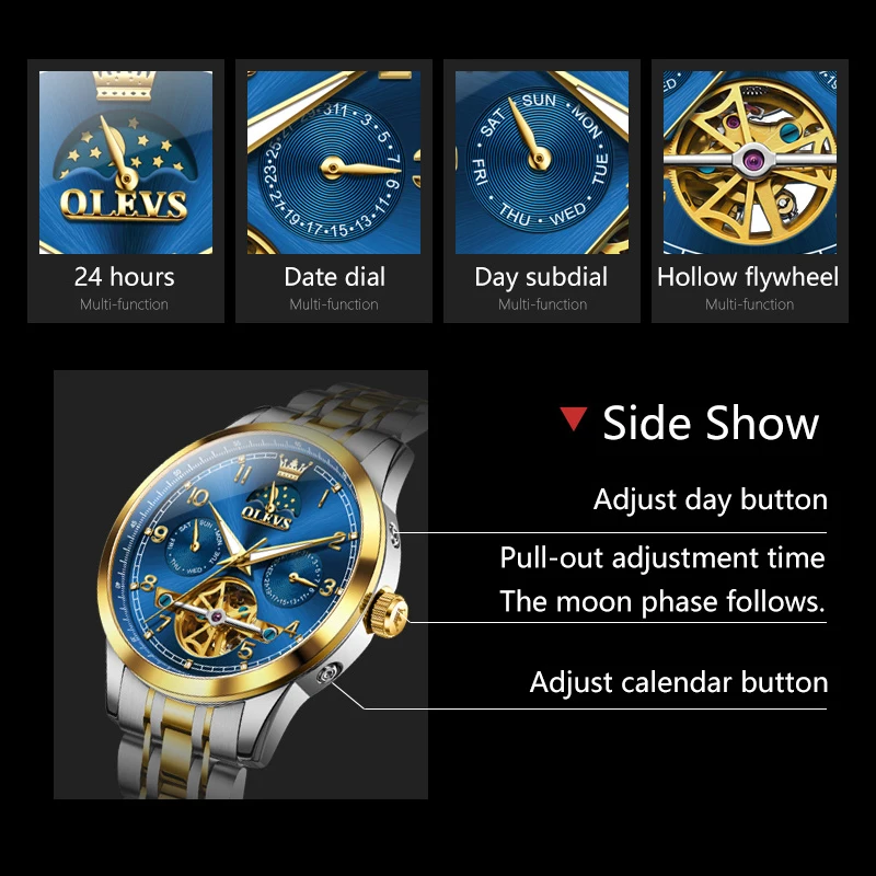 OLEVS 7071 Men Watches Original Luxury Automatic Mechanical Watches For Man Waterproof  Dual Calendar Moon phase Wristwatch New