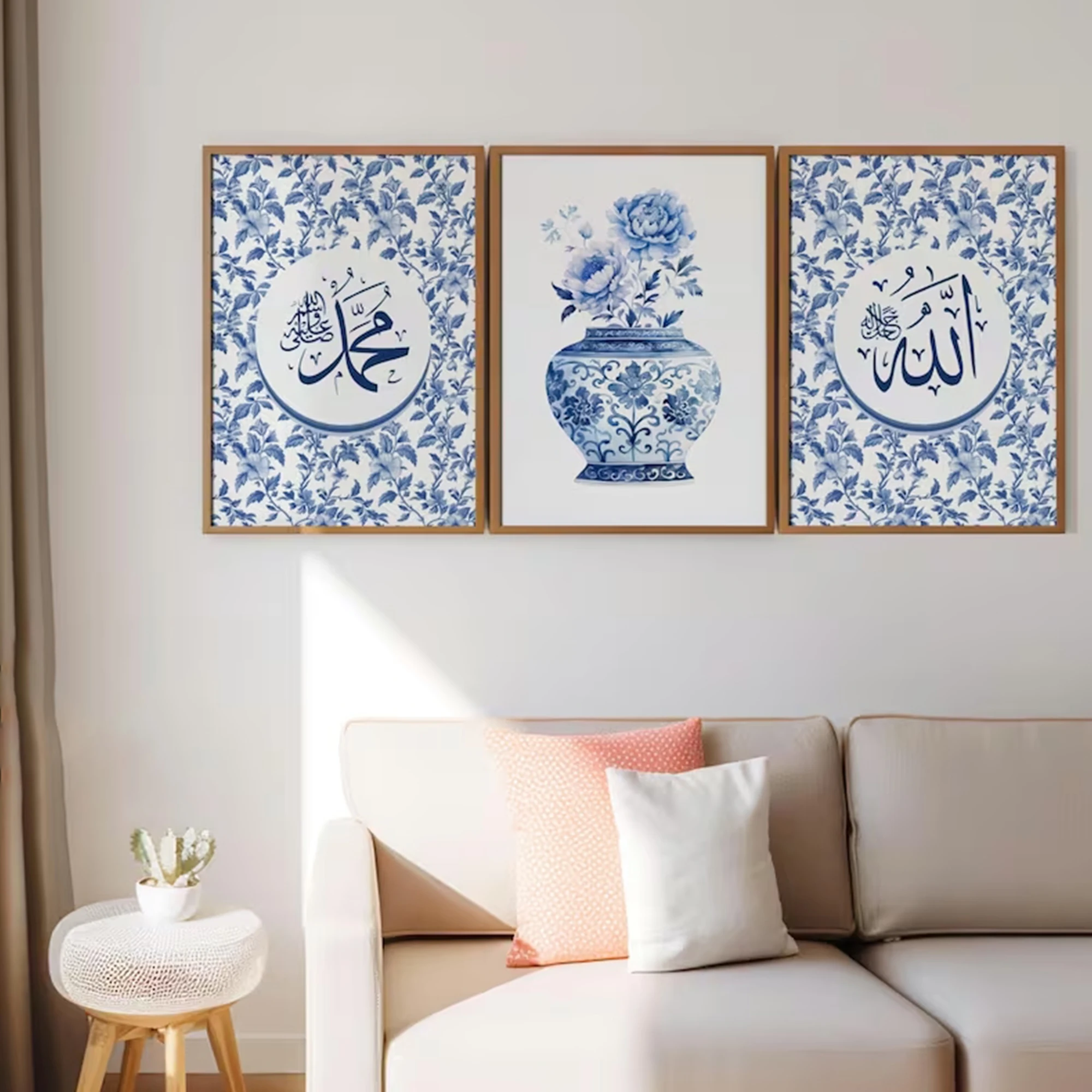 3pcs Modern Islamic  Calligraphy Trending Blue Eid Wall Art Print Canvas Painting Poster Picture For Living Room Home Decor