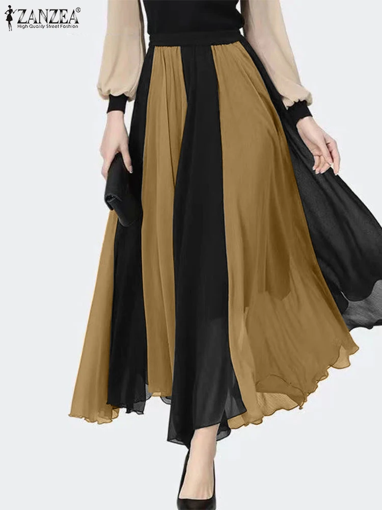 

Vintage Colorblock Long Skirts 2025 Spring Swing Chiffon Faldas ZANZEA Casual Loose Maxi Jupes Holiday Pleating Korean Overskirt