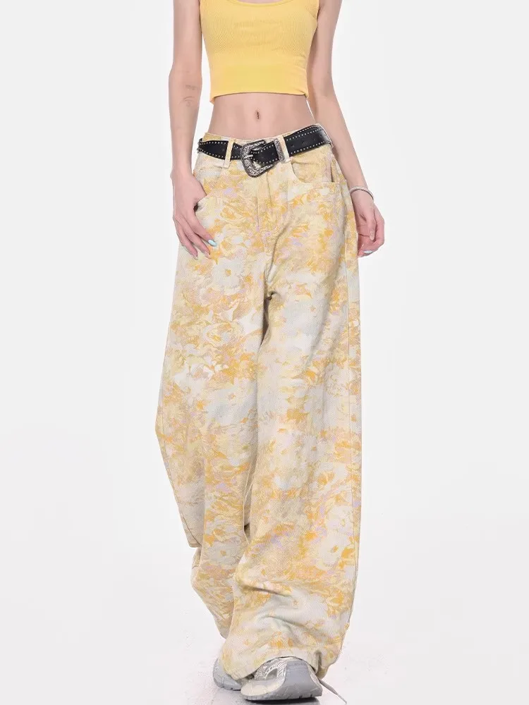 Vintage Floral Print Hohe Taille High Street Gerade Jeans Hosen Koreanische Mode frauen Breite Bein Baggy Denim Hosen Y2K