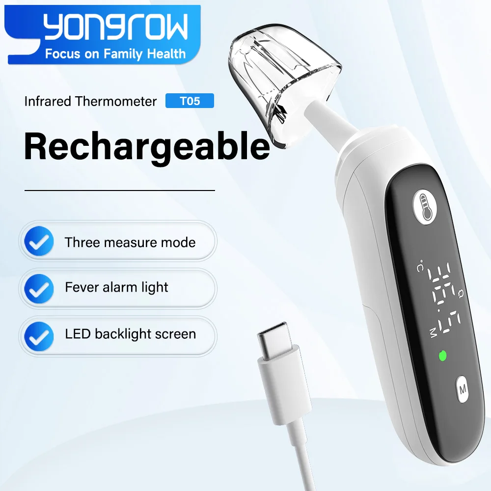 Yongrow Rechargeable Infrared Thermometer Forehead Ear Room Temperature Three Modes 32 Memory Alarm Lights Forehead thermometer