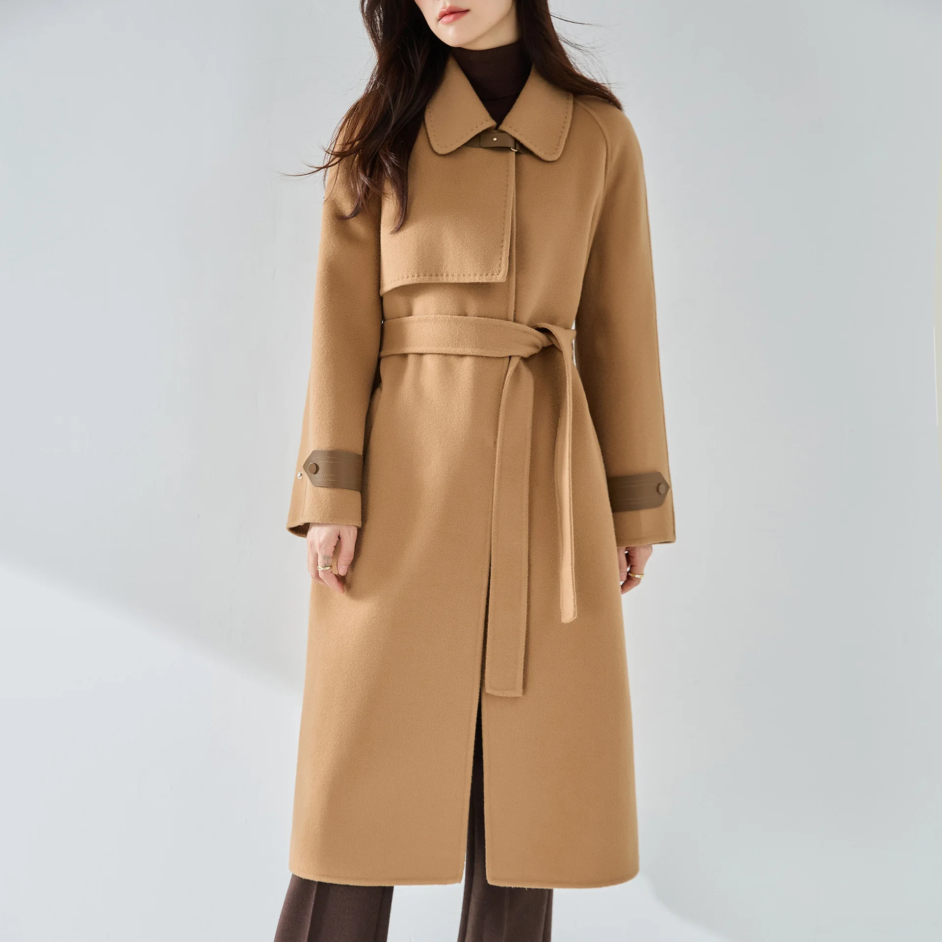 Winter 2023 new high-end camel double-sided woolen coat women's medium and long woolen coat 15126