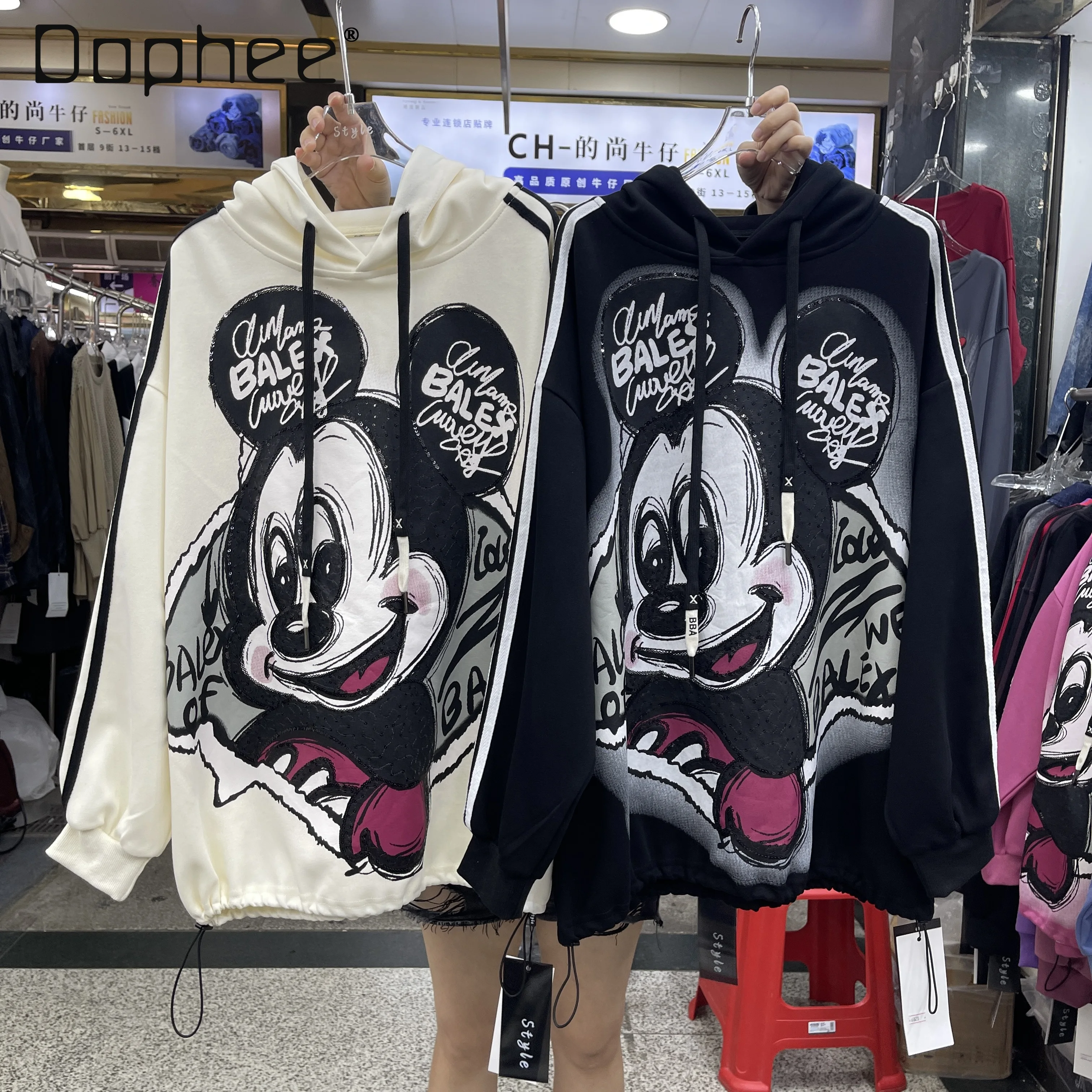 European Style Trendy Heavy Craft Cartoon Print Hoodie with Sequin Embroidery Design Loose Casual Versatile Top Anime Hoodie
