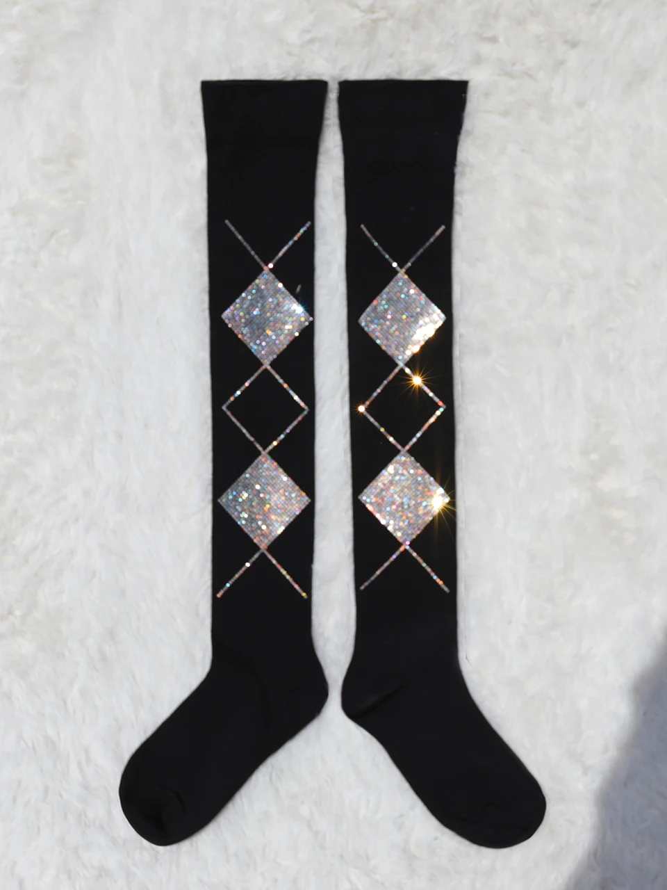 Overknee Women Black Stockings 2023 New Spring Autumn Geometry Colored Diamond Stretch Knitting High Tube Stocking Cotton Socks