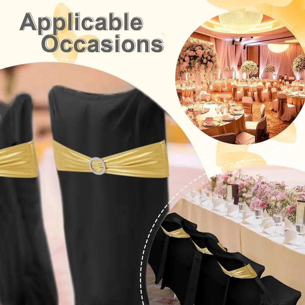 Set di 50 fodere per sedie pieghevoli: 25 elastici e 25 fasce con paillettes per matrimoni, feste ed eventi (nero e oro)