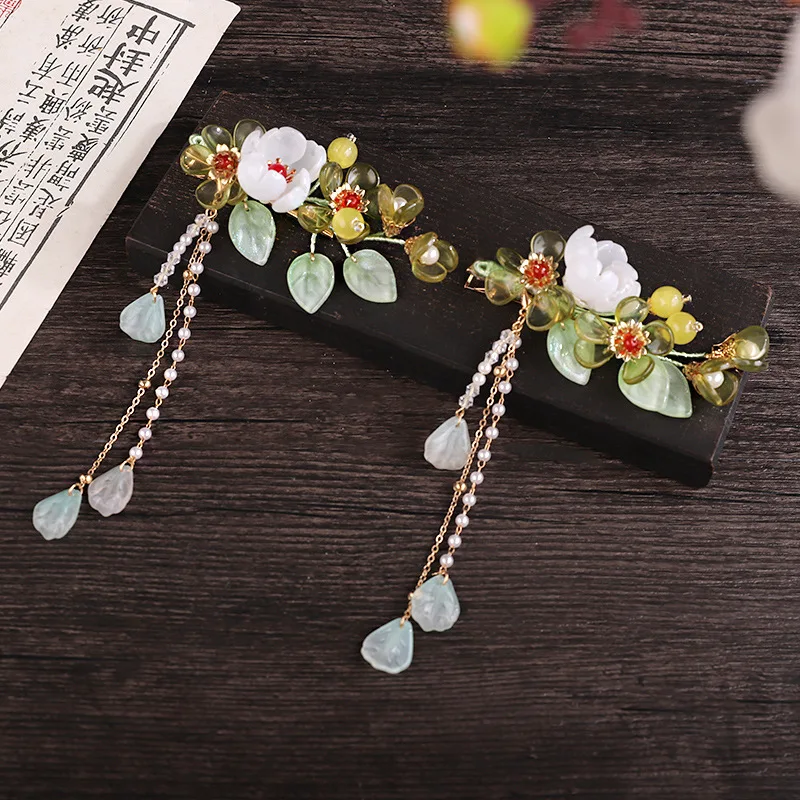 6mm Bracelet Hand String Fresh White Begonia Flower Hairpin Green Leaf Yellow Bead Long Tassel To Clip Ancient Coat Studio Hanfu