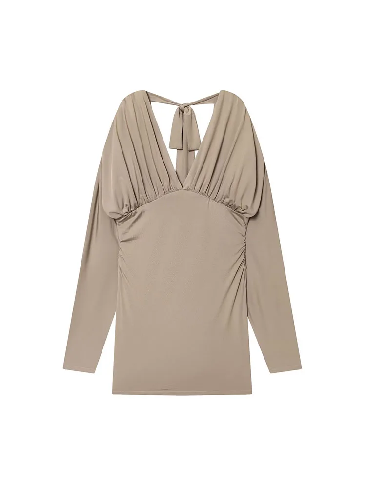 HH 2026 المرأة الربيع والخريف جديد الخامس الرقبة طويلة الأكمام رقيق تنورة مثير الحلو المألوف فستان غير رسمي ومتعدد الاستخدامات