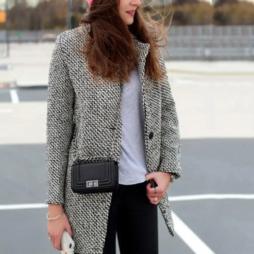 

Plaid Women Woolen Coat Slim Fit Women Woolen Plaid Jacket Washable Single Button Long Sleeve Overcoat Lady Outwear Winter Coat