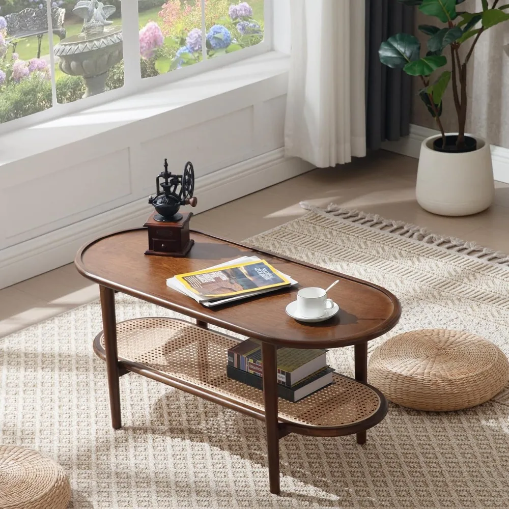 

Rattan Wood Mid Century Modern Coffee Table, 39.5 Oval Coffee Table with Cane Wicker Storage Shelf for Living Room, Indoor, Home
