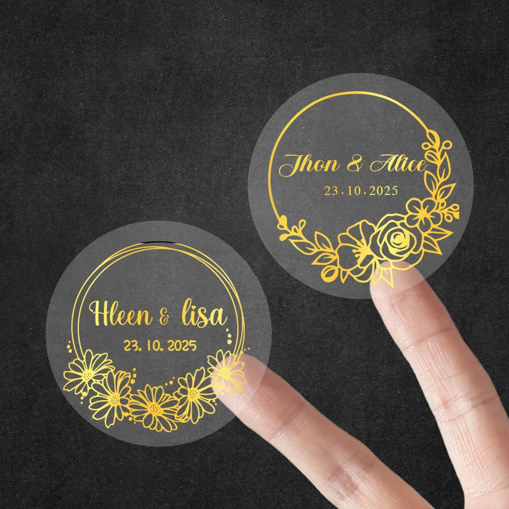 48-240pcs Custom Name Time Transparent Gold Waterproof Stickers Party Supplies Home Decor Gift Tags Elegant Labels for Wedding