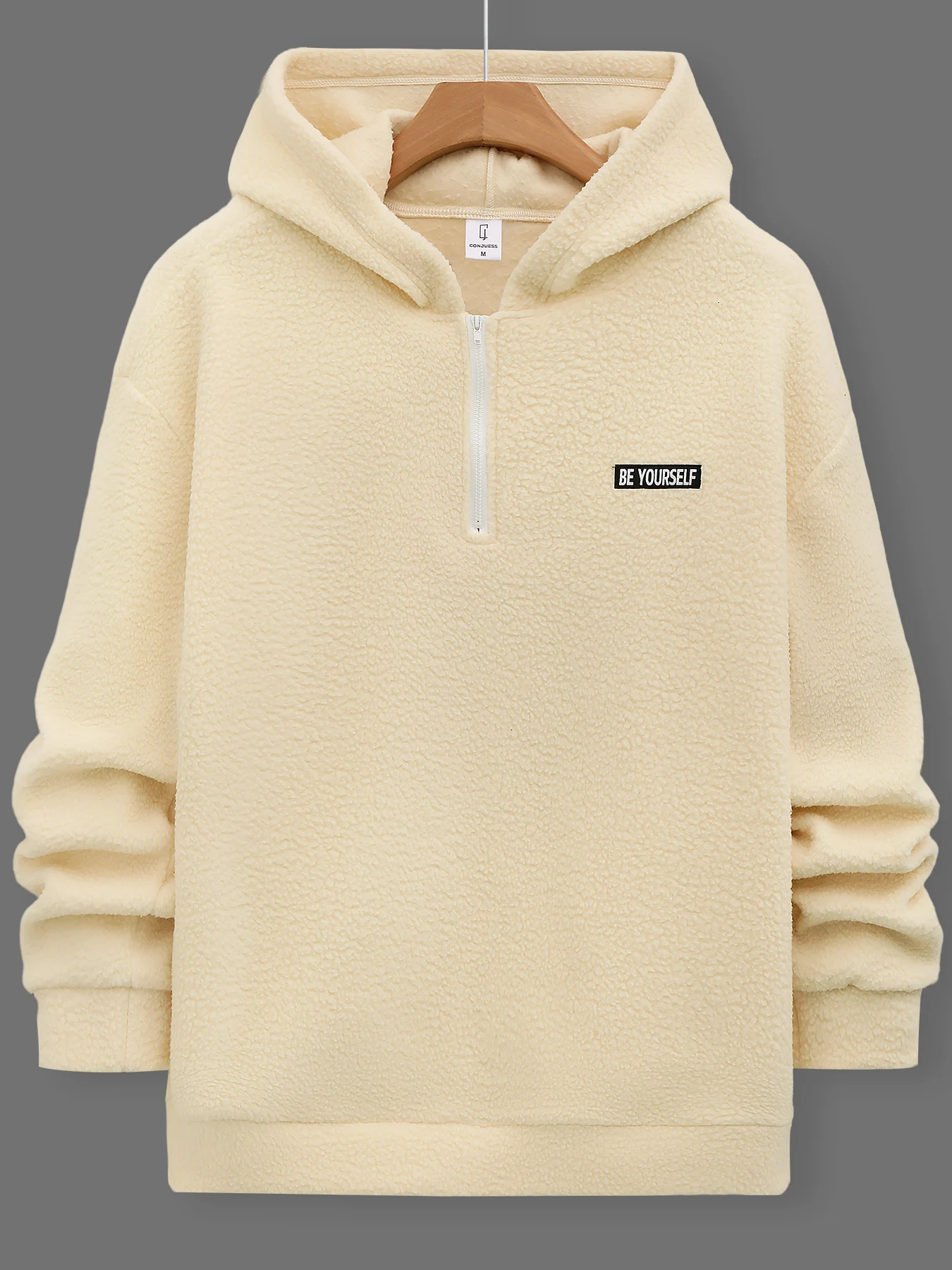 Men's Off-White Teddy Fleece Half-Zip Hooded Sweatshirt, Simple Letter Logo, Thickened Warm Jacket, Autumn and Winter Loose Fit, Casual Soft Plush Hoodie