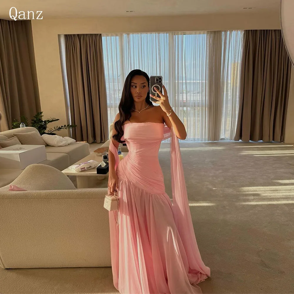 

Qanz Dubai Chiffon Prom Dress Strapless Pink Formal Dresses Woman Ribbons Long A Line Pleat Evening Party Gowns Customized