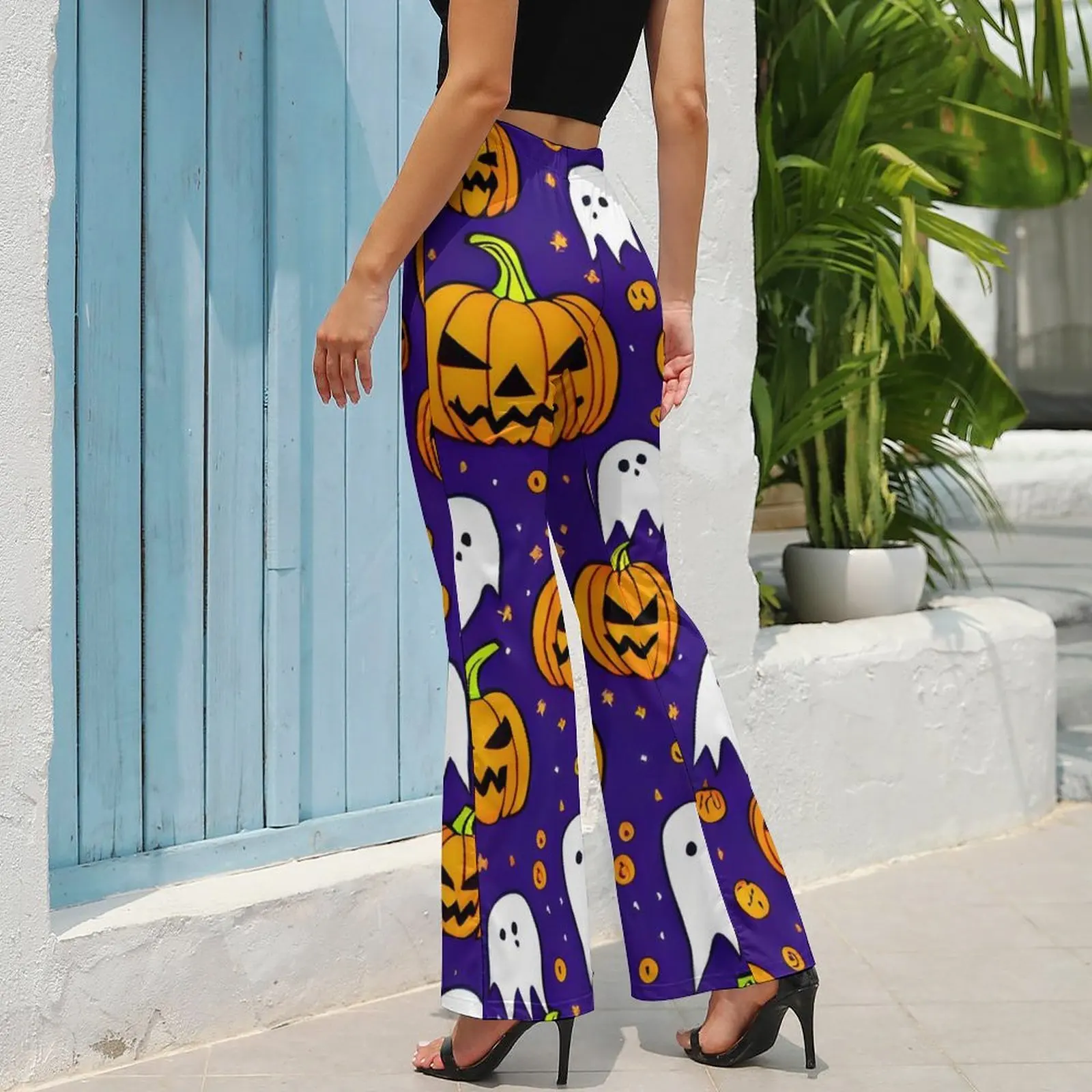 White Ghost Casual Pants Women Halloween Pumpkins Slim Streetwear Flare Pants Daily Modern Pattern Trousers